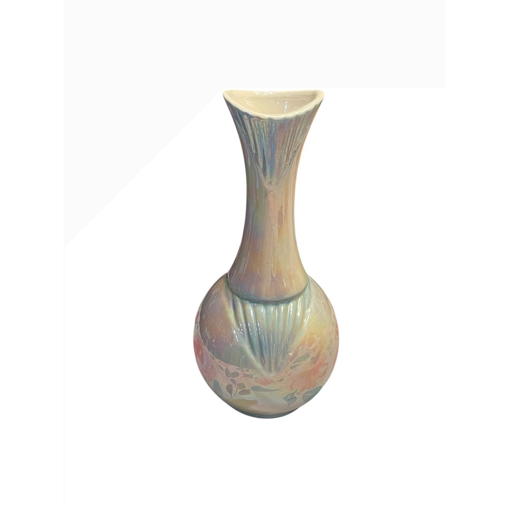 Vtg Iridescent Ceramic Vase 12" Textured Ribbed Art Pottery Mid Century Modern